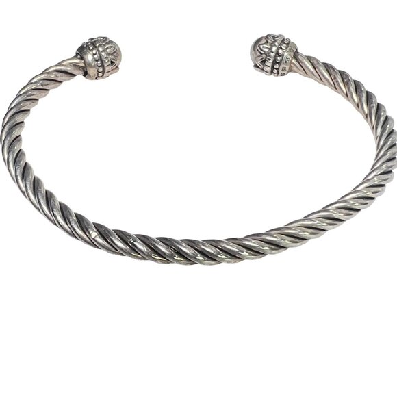 Silver 925 Twisted Rope Open Cuff Bracelet Ornate End Caps Unisex 7.25" diameter - Picture 2 of 7
